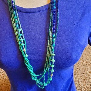 30" Blue and Green Seed Bead Long Layered Necklace